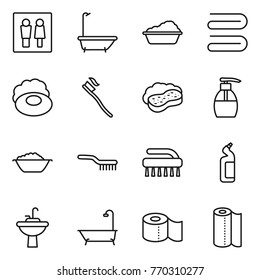 Thin line icon set : wc, bath, washing, towel, soap, tooth brush, sponge with foam, liquid, basin, toilet cleanser, water tap sink, paper