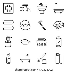 Thin line icon set : wc, water tap, sink, bath, towel, soap, tooth brush, sponge with foam, liquid, basin, cleanser powder, toilet, paper
