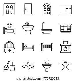 Thin line icon set : wc, door, arch window, plan, hospital, sink, bath, wardrobe, dresser, bed, crib, fireplace, bucket and broom, hard reach place cleaning, water tap, iron board