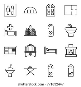 Thin line icon set : wc, hangare, arch window, plan, hospital, hotel, do not distrub, sink, wardrobe, dresser, bed, fireplace, water tap, iron board, please clean