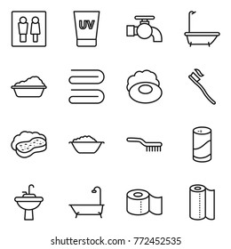 Thin line icon set : wc, uv cream, water tap, bath, washing, towel, soap, tooth brush, sponge with foam, basin, cleanser powder, sink, toilet paper