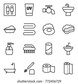 Thin line icon set : wc, uv cream, water tap, sink, washing, towel, soap, sponge with foam, liquid, brush, cleanser powder, bath, toilet, paper