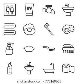Thin line icon set : wc, uv cream, water tap, sink, towel, soap, tooth brush, sponge with foam, liquid, basin, toilet cleanser, bath, paper