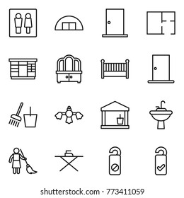 Thin line icon set : wc, hangare, door, plan, wardrobe, dresser, crib, bucket and broom, hard reach place cleaning, utility room, water tap sink, brooming, iron board, do not distrub, please clean