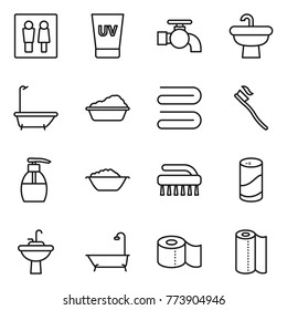 Thin line icon set : wc, uv cream, water tap, sink, bath, washing, towel, tooth brush, liquid soap, foam basin, cleanser powder, toilet paper
