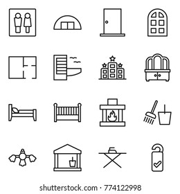Thin line icon set : wc, hangare, door, arch window, plan, hotel, dresser, bed, crib, fireplace, bucket and broom, hard reach place cleaning, utility room, iron board, please clean