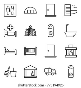 Thin line icon set : wc, hangare, door, hotel, hospital, do not distrub, bath, bed, crib, fireplace, bucket and broom, utility room, home call cleaning