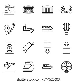 thin line icon set : weather management, airport building, route a to b, sea shipping, train, air ballon, passport, suitcase, baggage get, departure, cruise ship, yacht, compass