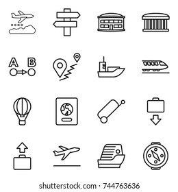 thin line icon set : weather management, singlepost, airport building, route a to b, sea shipping, train, air ballon, passport, suitcase, baggage get, departure, cruise ship, compass