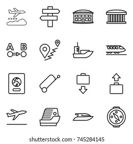 thin line icon set : weather management, singlepost, airport building, route a to b, sea shipping, train, passport, suitcase, baggage get, departure, cruise ship, yacht, compass