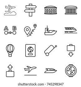 thin line icon set : weather management, singlepost, airport building, route a to b, sea shipping, train, air ballon, passport, suitcase, baggage get, departure, yacht, compass