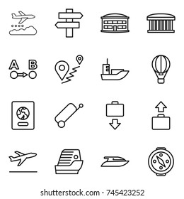 thin line icon set : weather management, singlepost, airport building, route a to b, sea shipping, air ballon, passport, suitcase, baggage get, departure, cruise ship, yacht, compass