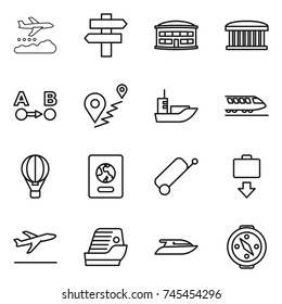 thin line icon set : weather management, singlepost, airport building, route a to b, sea shipping, train, air ballon, passport, suitcase, baggage get, departure, cruise ship, yacht, compass