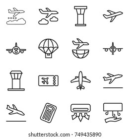 thin line icon set : weather management, journey, airport tower, plane, parachute delivery, shipping, ticket, airplane, departure, arrival, inflatable mattress, air conditioning, hand dryer