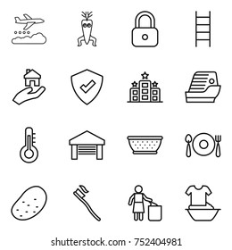 thin line icon set : weather management, dna modify, lock, stairs, real estate, protected, hotel, cruise ship, thermometer, garage, colander, fork spoon plate, potato, tooth brush, garbage bin