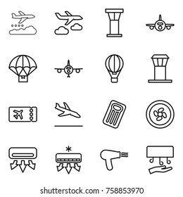 Thin line icon set : weather management, journey, airport tower, plane, parachute delivery, air ballon, ticket, arrival, inflatable mattress, cooler fan, conditioning, hair dryer, hand