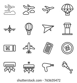 Thin line icon set : weather management, journey, plane, parachute delivery, air ballon, deltaplane, airport tower, ticket, airplane, inflatable mattress, cooler fan, conditioning, hair dryer