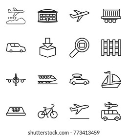 Thin line icon set : weather management, airport building, plane, truck shipping, car, package, cargo search, pallet, train, baggage, sail boat, taxi, bike, departure, transfer