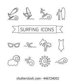 Thin line icon set for web and mobile. Set includes- wind surfing,  swimming, surfboarding, wind surf, palm, sun glasses, swimsuit, sun, wind, wave.