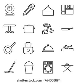 Thin line icon set : web cam, pencil, loading crane, consolidated cargo, table, pan, vacuum cleaner, toaster, meal cap, soil cutter, rake, bucket, washing machine, iron board
