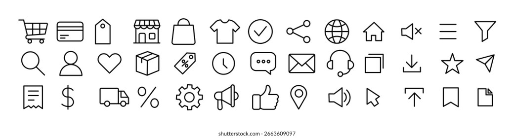Conjunto de ícones de linha fina. Conjunto de ícones do site. Modern UI Kit. e-commerce, negócios e serviços digitais, impulsionando a presença on-line e o conjunto de ícones de envolvimento do usuário. 