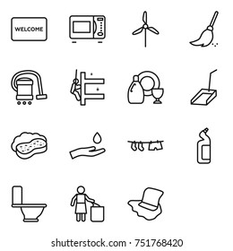 thin line icon set : welcome mat, microwave oven, windmill, broom, vacuum cleaner, skyscrapers cleaning, dish cleanser, scoop, sponge with foam, hand and drop, drying clothe, toilet, garbage bin