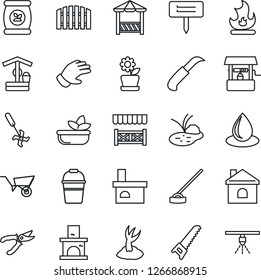 Thin Line Icon Set - wheelbarrow vector, bucket, sproute, pruner, glove, saw, fire, house, water drop, well, hoe, garden knife, plant label, fireplace, pond, fertilizer, ripper, fence, flower in pot