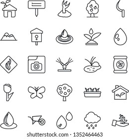 Thin Line Icon Set - wheelbarrow vector, sproute, butterfly, seedling, water drop, rain, sickle, plant label, pond, bird house, fertilizer, tulip, photo gallery, fruit tree, mountains, eco, palm