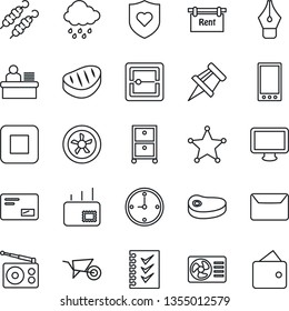 Thin Line Icon Set - wheelbarrow vector, rain, heart shield, radio, monitor, mail, stop button, mobile, scanner, clock, drawing pin, ink pen, checklist, manager desk, archive box, rent, steak, kebab