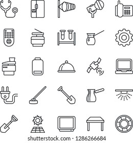 Thin Line Icon Set - wind vector, gear, job, shovel, hoe, stethoscope, blood test vial, office phone, microphone, satellite, tv, remote control, laptop pc, low battery, copier, sun panel, table