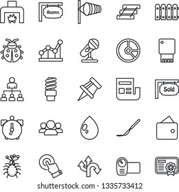 Thin Line Icon Set - wind vector, hierarchy, circle chart, lady bug, water drop, scalpel, virus, route, microphone, video camera, touch screen, alarm, drawing pin, news, point graph, paper tray