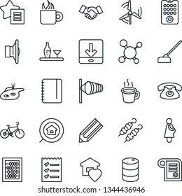 Thin Line Icon Set - wind vector, handshake, abacus, notepad, pencil, hoe, molecule, bike, pregnancy, oil barrel, speaker, favorites list, download, coffee, checklist, pond, windmill, estate search