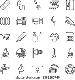 Thin Line Icon Set - wind vector, radar, desk, wheelbarrow, hose, sickle, garden sprayer, drip irrigation, ripper, dropper, thermometer, microscope, patch, tomography, themes, sim, ink pen, fridge