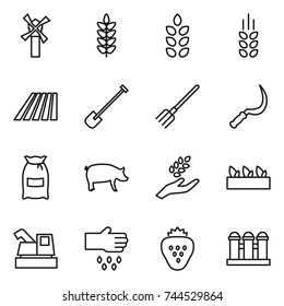 thin line icon set : windmill, spikelets, field, shovel, fork, sickle, flour, pig, harvest, seedling, harvester, sow, strawberry, grain elevator
