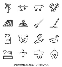 thin line icon set : windmill, plow, cow, coffee seeds, field, fork, rake, flour, pig, harvest, goose, harvester, scarecrow, sow, strawberry