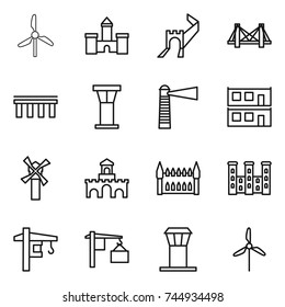 thin line icon set : windmill, castle, greate wall, bridge, airport tower, lighthouse, modular house, fort, gothic architecture, palace, crane, loading
