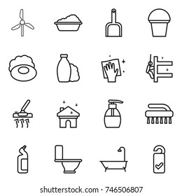 thin line icon set : windmill, washing, scoop, bucket, soap, shampoo, wiping, skyscrapers cleaning, vacuum cleaner, house, liquid, brush, toilet cleanser, bath, please clean