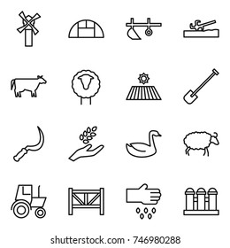 thin line icon set : windmill, greenhouse, plow, soil cutter, cow, sheep, field, shovel, sickle, harvest, goose, tractor, farm fence, sow, grain elevator