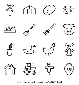 thin line icon set : windmill, greenhouse, potato, plow, soil cutter, shovel, fork, pig, seedling, goose, chicken, barn, tractor, scarecrow, strawberry