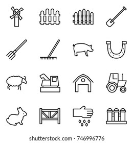 thin line icon set : windmill, fence, shovel, fork, rake, pig, horseshoe, sheep, harvester, barn, tractor, rabbit, farm, sow, grain elevator