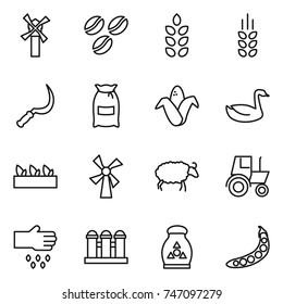 thin line icon set : windmill, coffee seeds, spikelets, sickle, flour, corn, goose, seedling, sheep, tractor, sow, grain elevator, fertilizer, peas