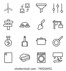 thin line icon set : windmill, notebook connect, funnel, equalizer, singlepost, dome house, construction, loading, chemical, scoop, pan, cutting board, sponge with foam, washing machine, hand dryer