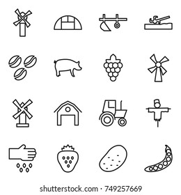 thin line icon set : windmill, greenhouse, plow, soil cutter, coffee seeds, pig, grape, barn, tractor, scarecrow, sow, strawberry, potato, peas