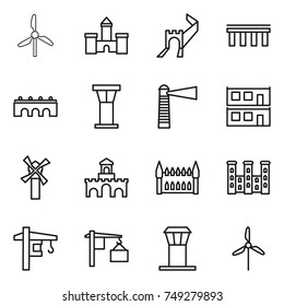 thin line icon set : windmill, castle, greate wall, bridge, airport tower, lighthouse, modular house, fort, gothic architecture, palace, crane, loading