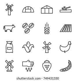 thin line icon set : windmill, greenhouse, soil cutter, cow, coffee seeds, spikelets, field, flour, corn, chicken, sow, strawberry, peas