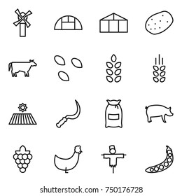 thin line icon set : windmill, greenhouse, potato, cow, seeds, spikelets, field, sickle, flour, pig, grape, chicken, scarecrow, peas