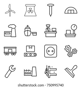 thin line icon set : windmill, nuclear power, nail, hangare, factory, port, customs control, warehouse scales, railroad shipping, transporter tape, socket, gears, wrench, skyscrapers cleaning