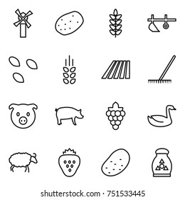 thin line icon set : windmill, potato, spikelets, plow, seeds, field, rake, pig, grape, goose, sheep, strawberry, fertilizer