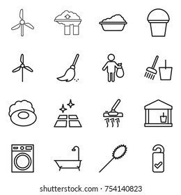 thin line icon set : windmill, factory filter, washing, bucket, broom, trash, and, soap, clean floor, vacuum cleaner, utility room, machine, bath, duster, please