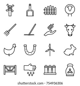 thin line icon set : windmill, scoop, fence, sheep, fork, rake, harvest, cow, chicken, horseshoe, rabbit, farm, sow, grain elevator, fertilizer